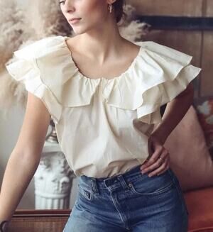 Mille Beja Ruffle Top Ivory Cotton Flutter Sleeve Blouse Women's XXS